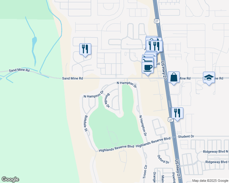 map of restaurants, bars, coffee shops, grocery stores, and more near 131 Bonville Drive in Davenport