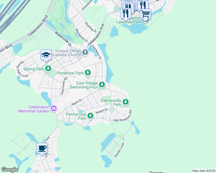 map of restaurants, bars, coffee shops, grocery stores, and more near 3 Oak Shadows Road in Celebration