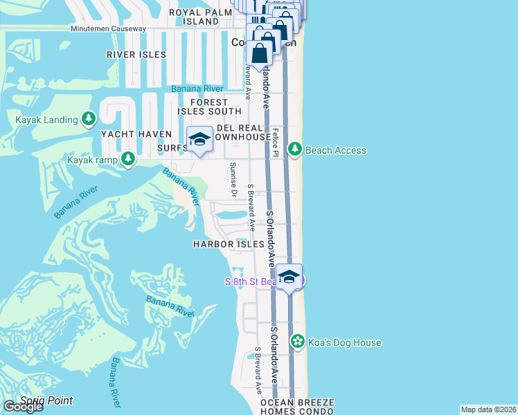 map of restaurants, bars, coffee shops, grocery stores, and more near 211 South 6th Street in Cocoa Beach