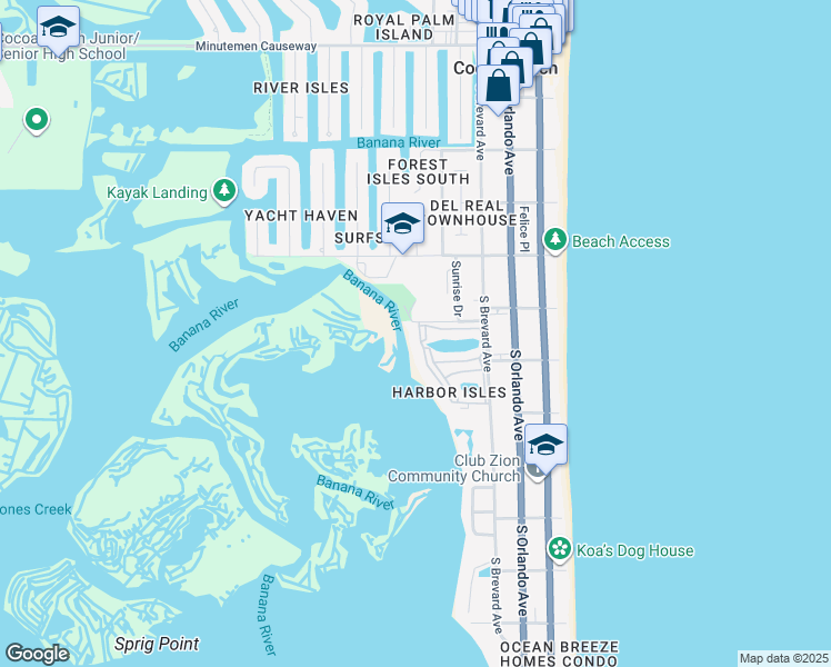 map of restaurants, bars, coffee shops, grocery stores, and more near 580 South Brevard Avenue in Cocoa Beach