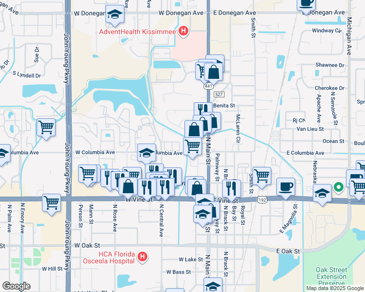 map of restaurants, bars, coffee shops, grocery stores, and more near 301 West Columbia Avenue in Kissimmee