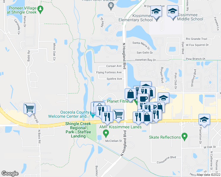 map of restaurants, bars, coffee shops, grocery stores, and more near 1746 Foxhall Circle in Kissimmee