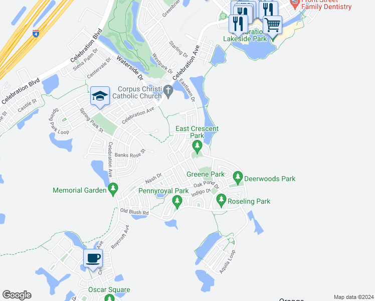 map of restaurants, bars, coffee shops, grocery stores, and more near 829 Oak Shadows Road in Celebration