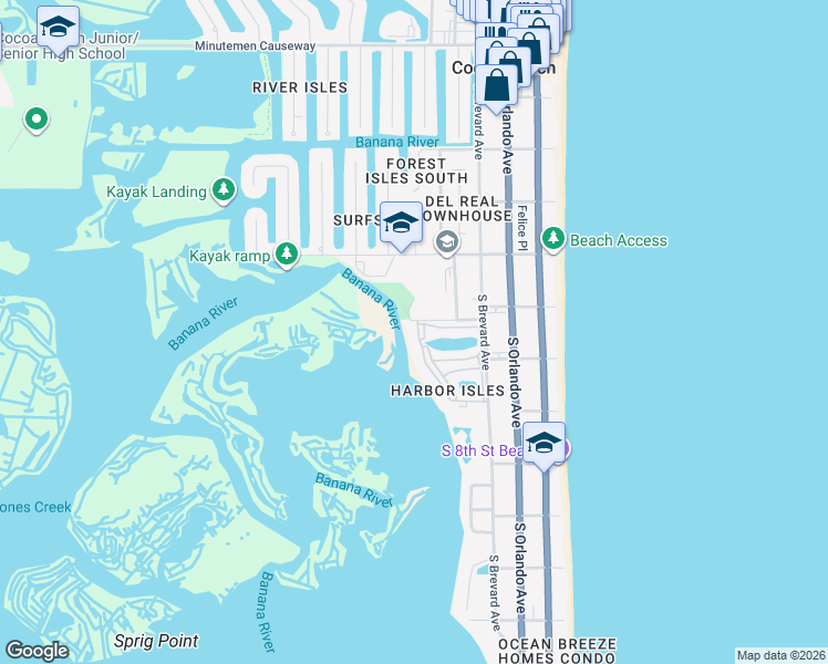 map of restaurants, bars, coffee shops, grocery stores, and more near 580 South Brevard Avenue in Cocoa Beach