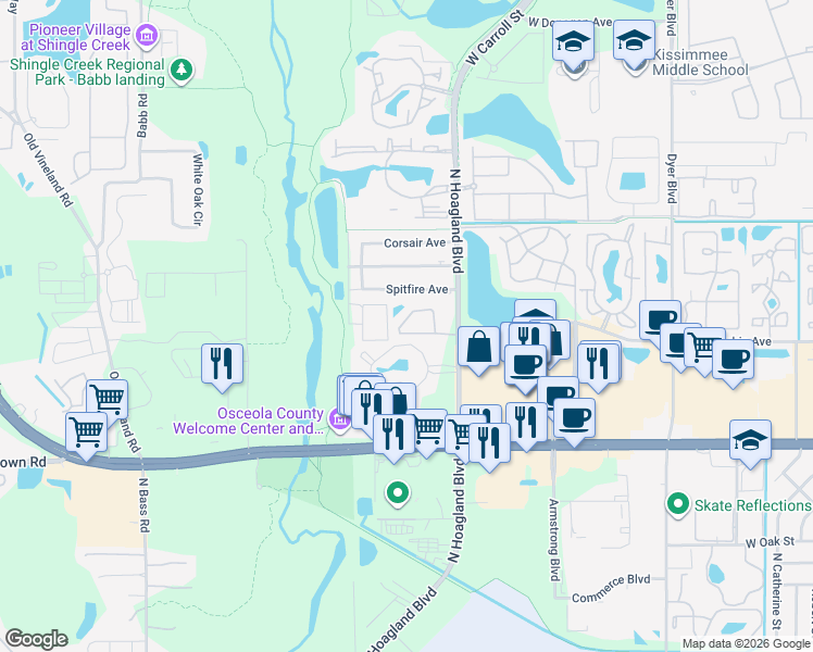 map of restaurants, bars, coffee shops, grocery stores, and more near 1746 Foxhall Circle in Kissimmee