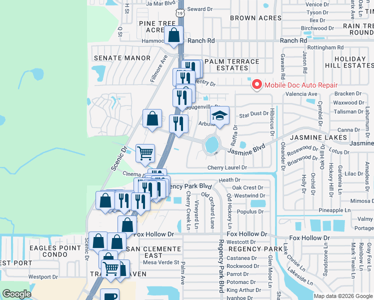 map of restaurants, bars, coffee shops, grocery stores, and more near 10415 Azalea Drive in Port Richey