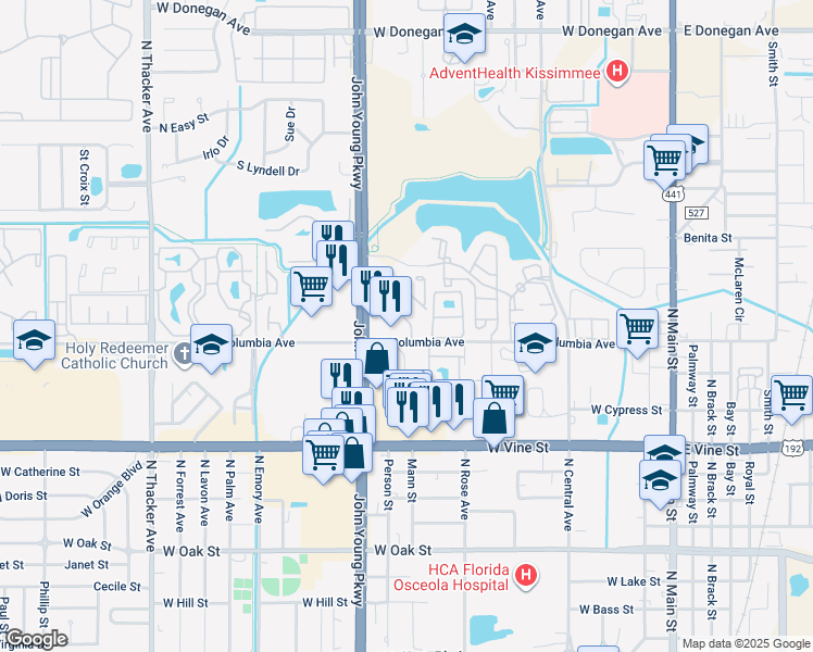 map of restaurants, bars, coffee shops, grocery stores, and more near 1604 Columbia Arms Circle in Kissimmee