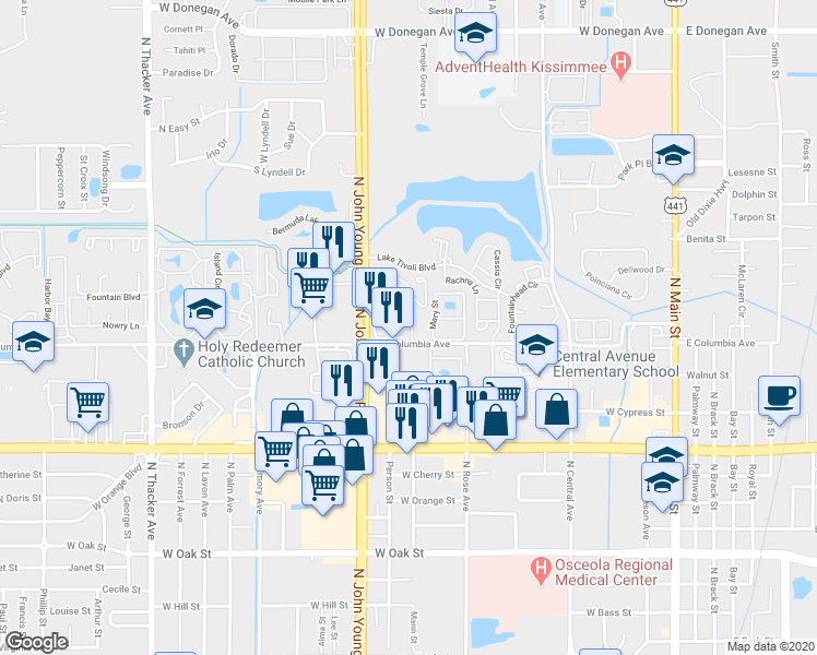 map of restaurants, bars, coffee shops, grocery stores, and more near 1604 Columbia Arms Circle in Kissimmee