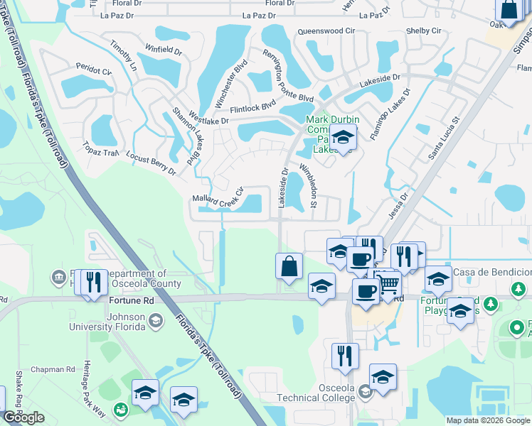 map of restaurants, bars, coffee shops, grocery stores, and more near 2112 Mallard Creek Circle in Kissimmee
