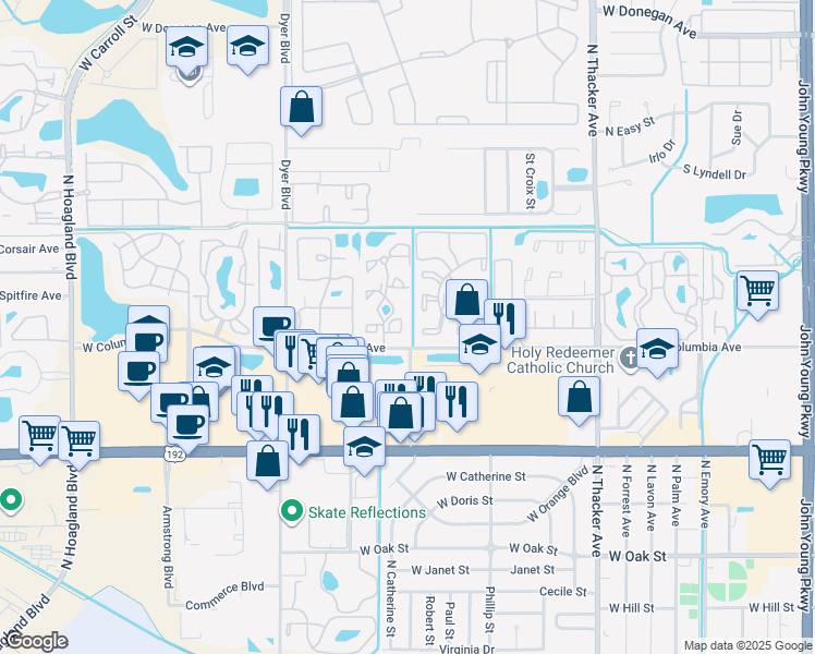 map of restaurants, bars, coffee shops, grocery stores, and more near 2100 Cascades Boulevard in Kissimmee