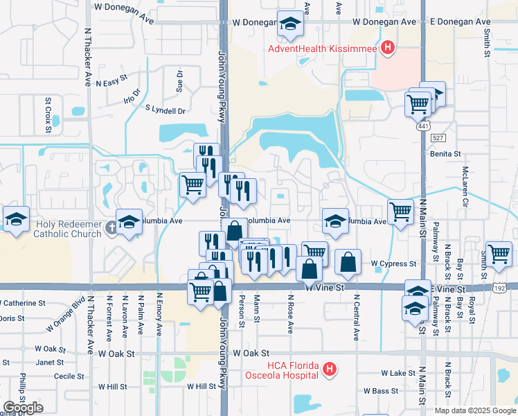 map of restaurants, bars, coffee shops, grocery stores, and more near 1024 Barcelona Drive in Kissimmee
