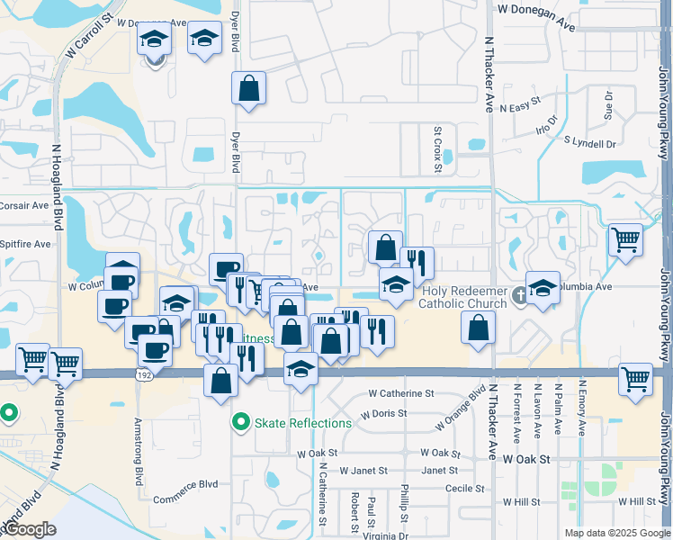 map of restaurants, bars, coffee shops, grocery stores, and more near 2100 Cascades Boulevard in Kissimmee