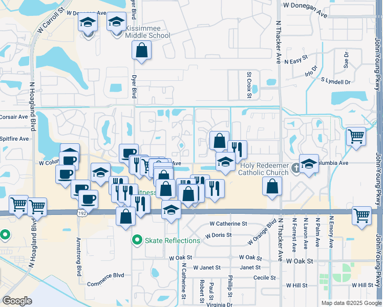 map of restaurants, bars, coffee shops, grocery stores, and more near 2030 Cascades Boulevard in Kissimmee