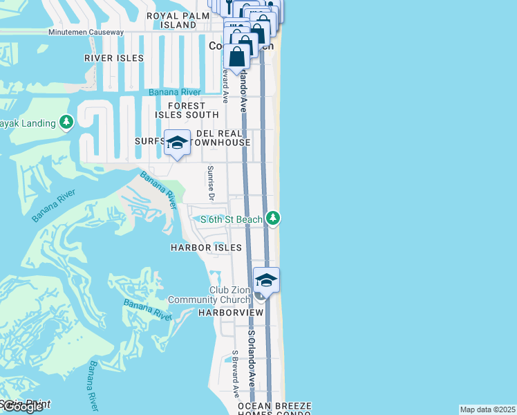 map of restaurants, bars, coffee shops, grocery stores, and more near 505 South Atlantic Avenue in Cocoa Beach