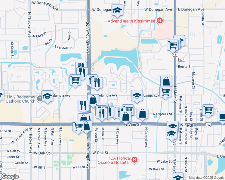 map of restaurants, bars, coffee shops, grocery stores, and more near 818 Christian Way in Kissimmee