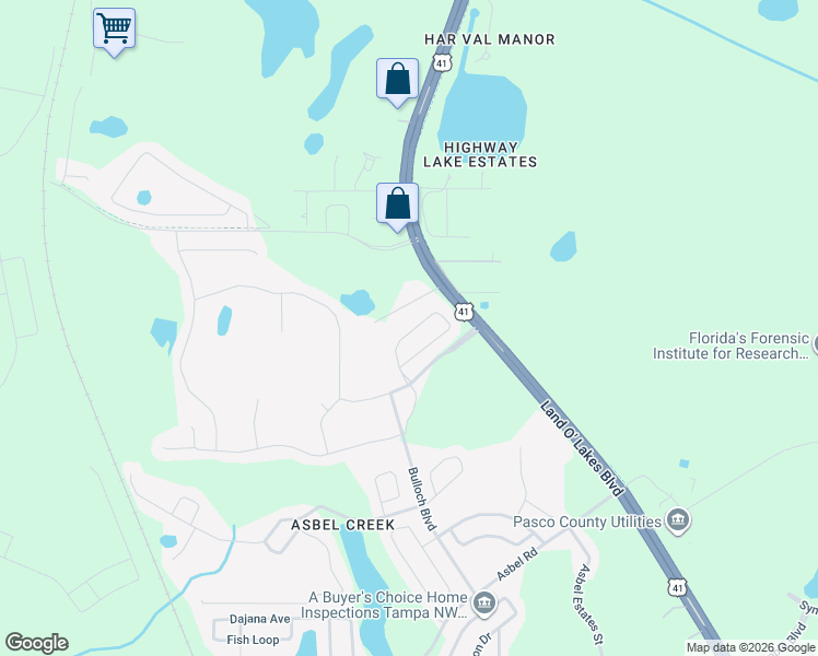 map of restaurants, bars, coffee shops, grocery stores, and more near 18807 Lester Dairy Road in Land O' Lakes
