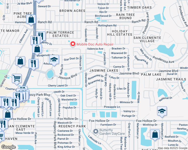 map of restaurants, bars, coffee shops, grocery stores, and more near 7605 Rosewood Drive in Port Richey