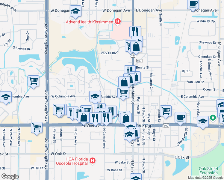 map of restaurants, bars, coffee shops, grocery stores, and more near 320 Poinciana Circle in Kissimmee