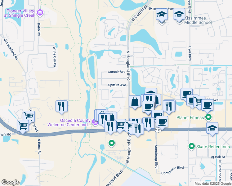map of restaurants, bars, coffee shops, grocery stores, and more near 4144 Spitfire Avenue in Kissimmee