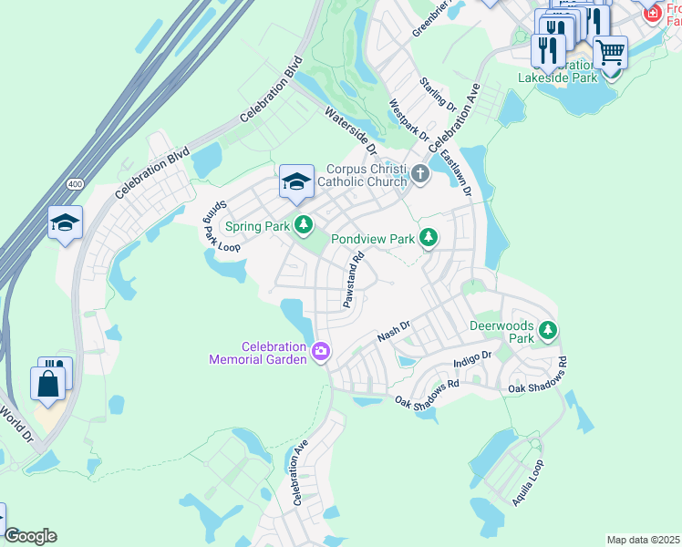 map of restaurants, bars, coffee shops, grocery stores, and more near 1011 Persimmon Street in Celebration