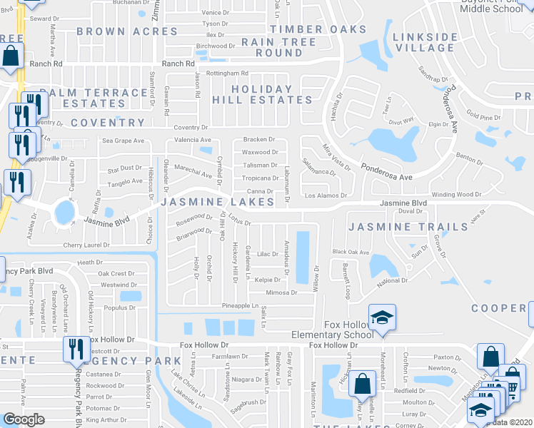 map of restaurants, bars, coffee shops, grocery stores, and more near 7840 Jasmine Boulevard in Port Richey