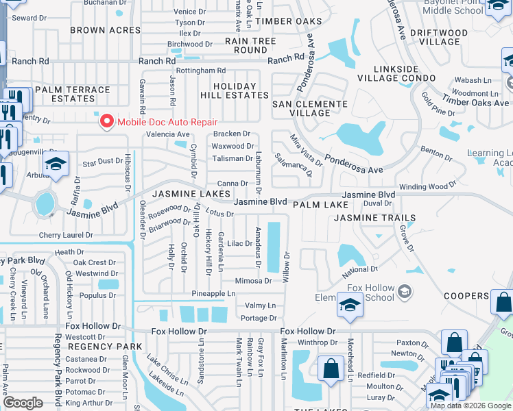 map of restaurants, bars, coffee shops, grocery stores, and more near 10438 Laburnum Drive in Port Richey