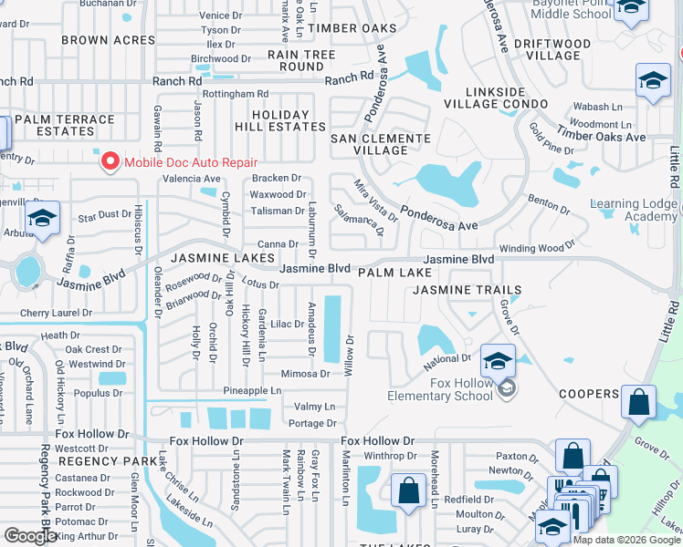 map of restaurants, bars, coffee shops, grocery stores, and more near 8020 Jasmine Boulevard in Port Richey