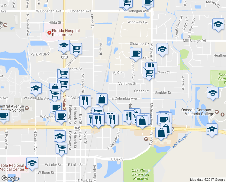 map of restaurants, bars, coffee shops, grocery stores, and more near 719 Ocean Street in Kissimmee