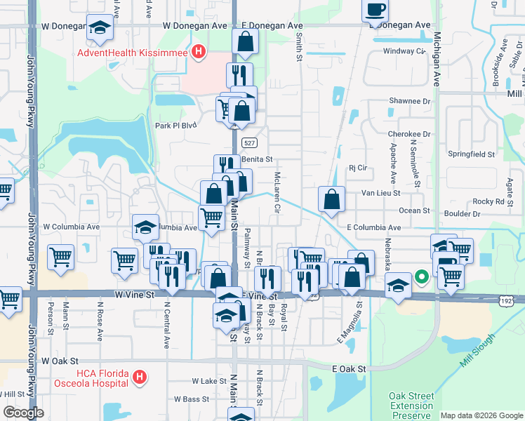 map of restaurants, bars, coffee shops, grocery stores, and more near 2007 North Brack Street in Kissimmee