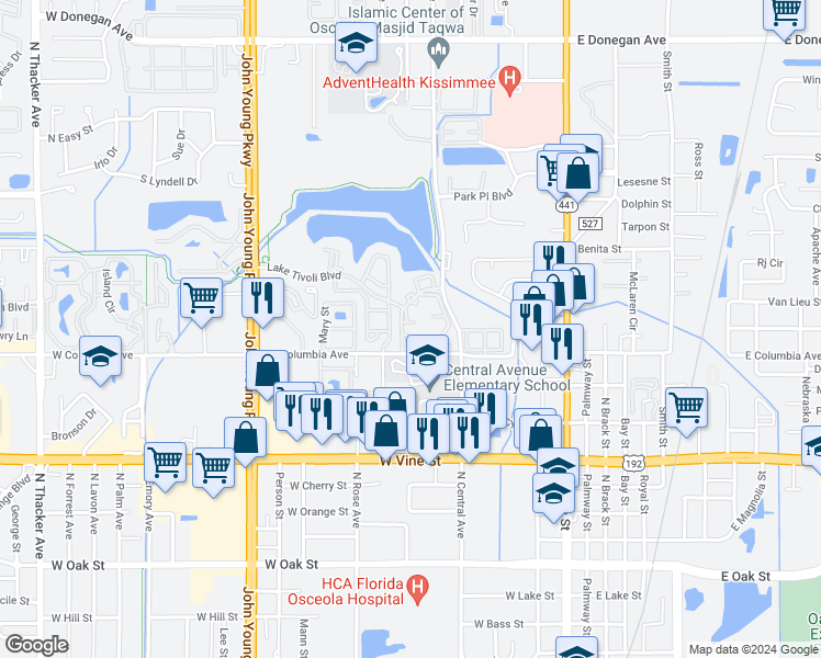 map of restaurants, bars, coffee shops, grocery stores, and more near 413 Fountainhead Circle in Kissimmee