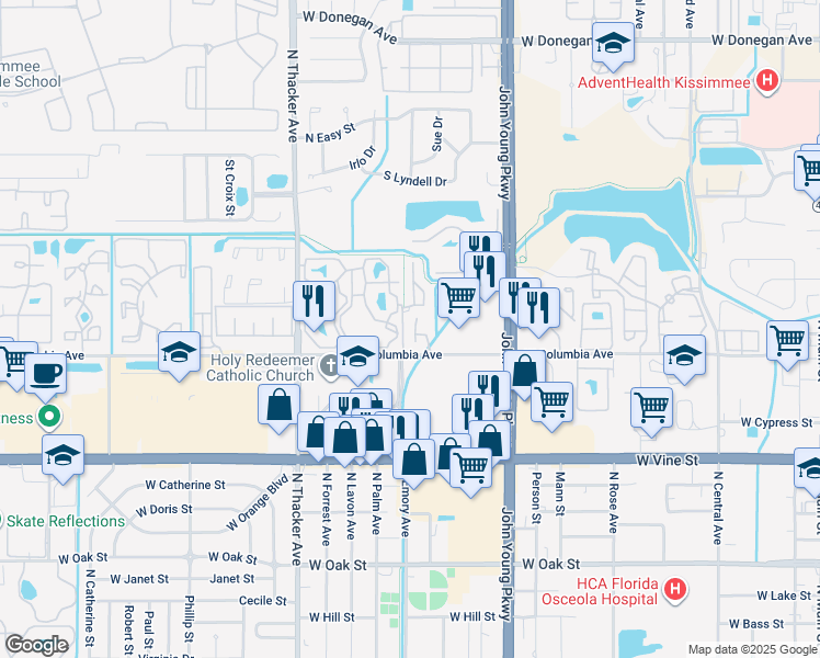 map of restaurants, bars, coffee shops, grocery stores, and more near 1934 Cattleya Drive in Kissimmee