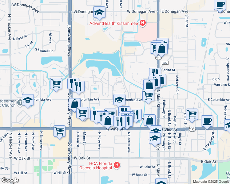 map of restaurants, bars, coffee shops, grocery stores, and more near 405 Fountainhead Circle in Kissimmee