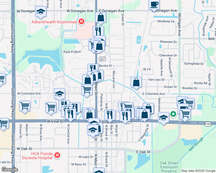 map of restaurants, bars, coffee shops, grocery stores, and more near 2007 North Brack Street in Kissimmee