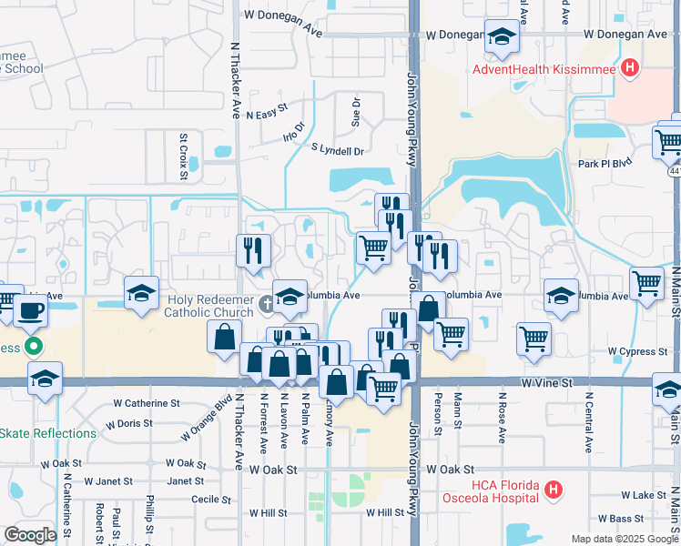 map of restaurants, bars, coffee shops, grocery stores, and more near 1934 Cattleya Drive in Kissimmee