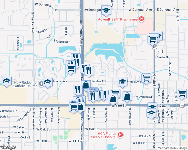map of restaurants, bars, coffee shops, grocery stores, and more near 1023 Spring Meadow Drive in Kissimmee