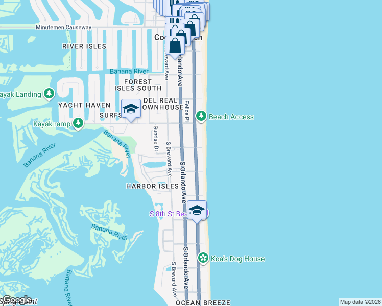 map of restaurants, bars, coffee shops, grocery stores, and more near 524 South Atlantic Avenue in Cocoa Beach