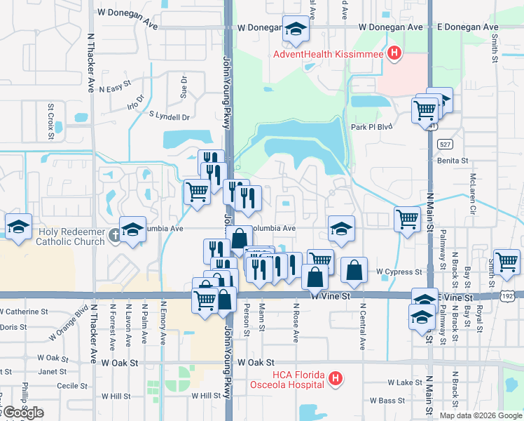 map of restaurants, bars, coffee shops, grocery stores, and more near 1023 Spring Meadow Drive in Kissimmee