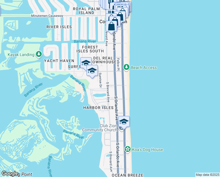 map of restaurants, bars, coffee shops, grocery stores, and more near 220 South 5th Street in Cocoa Beach