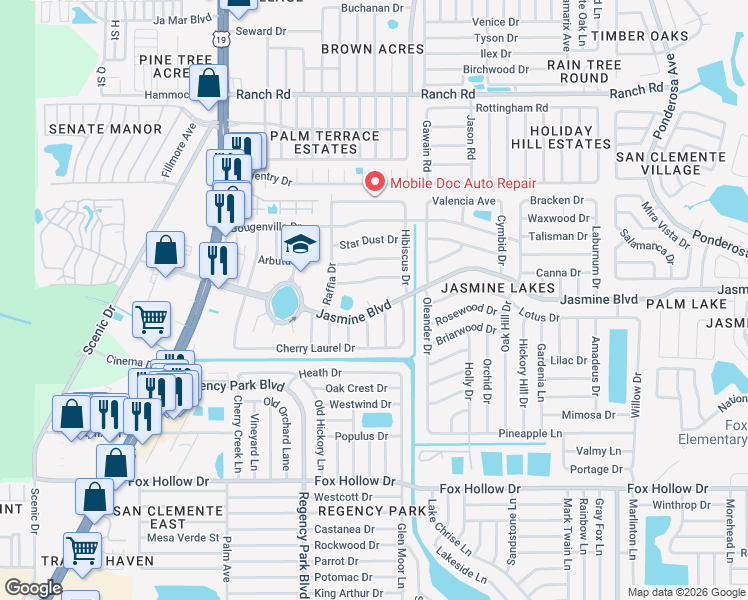 map of restaurants, bars, coffee shops, grocery stores, and more near 10426 Syringa Court in Port Richey