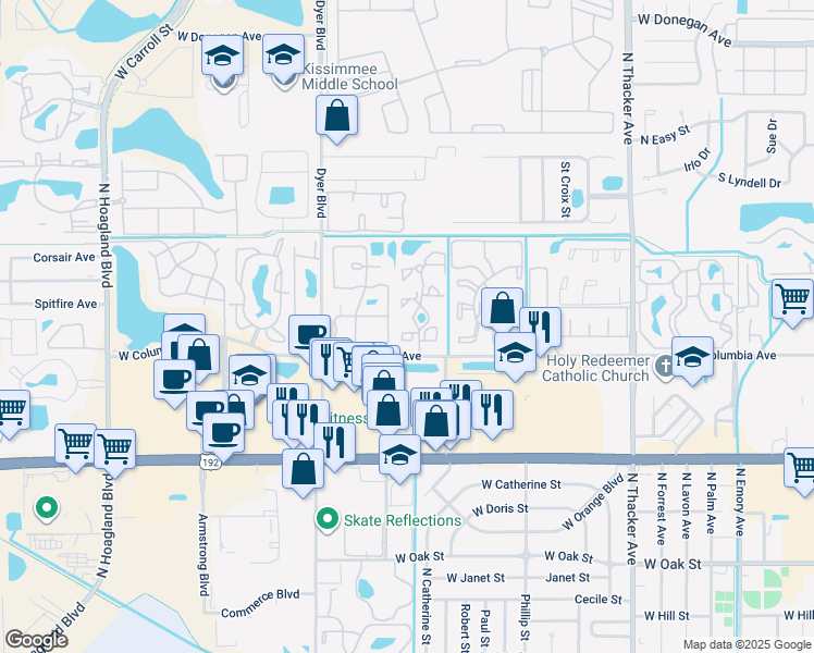 map of restaurants, bars, coffee shops, grocery stores, and more near 1835 Bentley Boulevard in Kissimmee