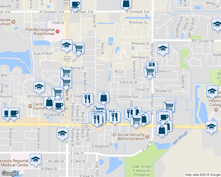 map of restaurants, bars, coffee shops, grocery stores, and more near 719 Ocean Street in Kissimmee