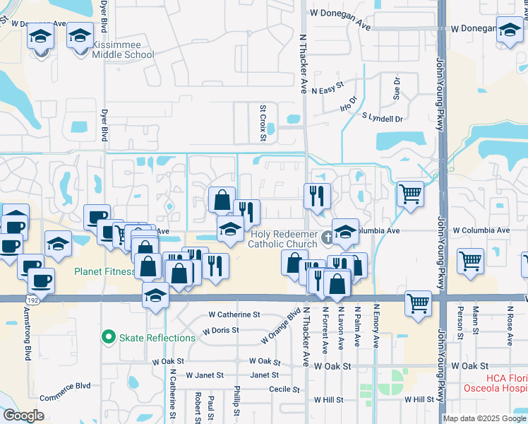 map of restaurants, bars, coffee shops, grocery stores, and more near 1917 Harbor Bay Court in Kissimmee