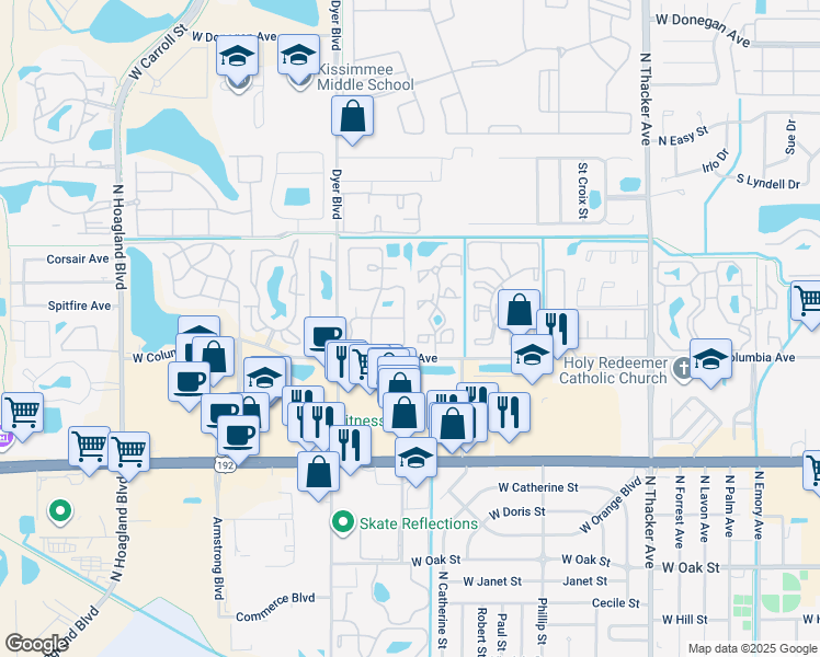map of restaurants, bars, coffee shops, grocery stores, and more near 1835 Bentley Boulevard in Kissimmee