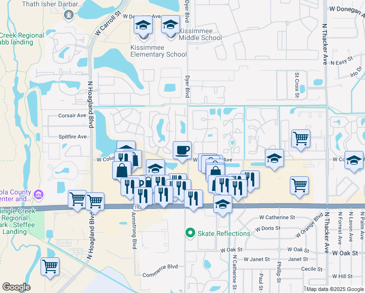map of restaurants, bars, coffee shops, grocery stores, and more near 1828 Avon Boulevard in Kissimmee