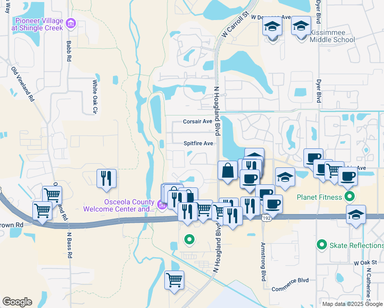map of restaurants, bars, coffee shops, grocery stores, and more near 4144 Spitfire Avenue in Kissimmee
