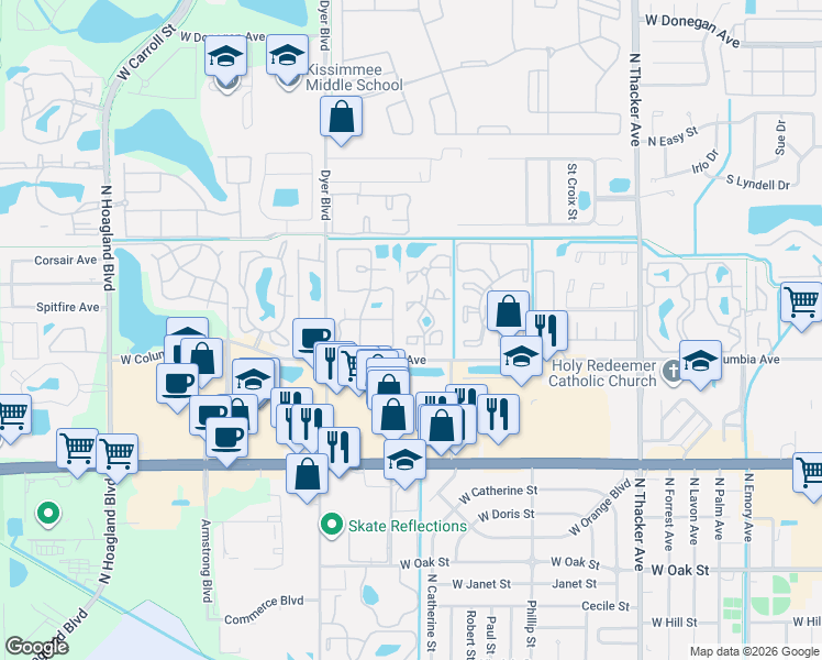 map of restaurants, bars, coffee shops, grocery stores, and more near 1835 Bentley Boulevard in Kissimmee
