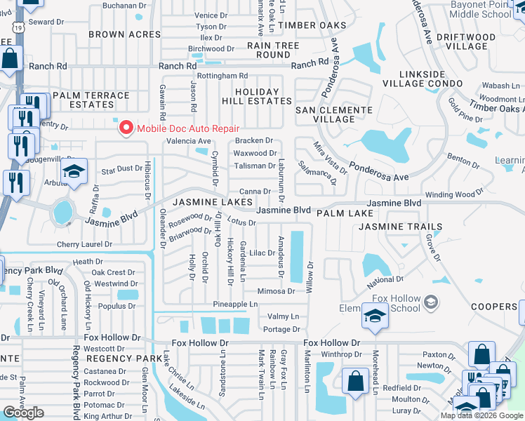 map of restaurants, bars, coffee shops, grocery stores, and more near Jasmine Boulevard in Port Richey