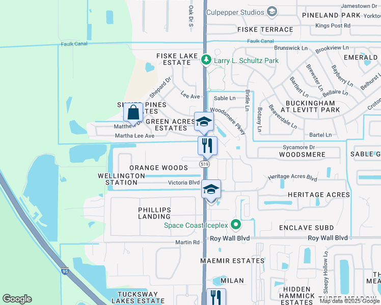 map of restaurants, bars, coffee shops, grocery stores, and more near 3011 South Fiske Boulevard in Rockledge