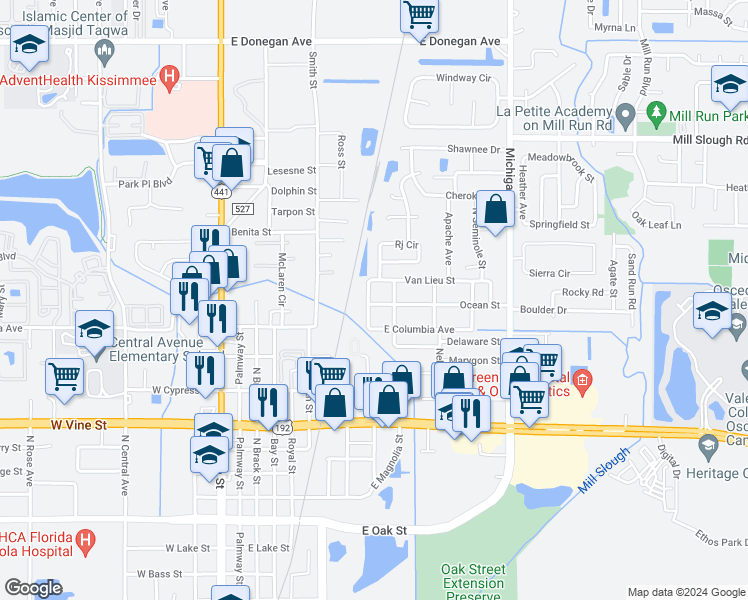 map of restaurants, bars, coffee shops, grocery stores, and more near 801 Ocean Street in Kissimmee