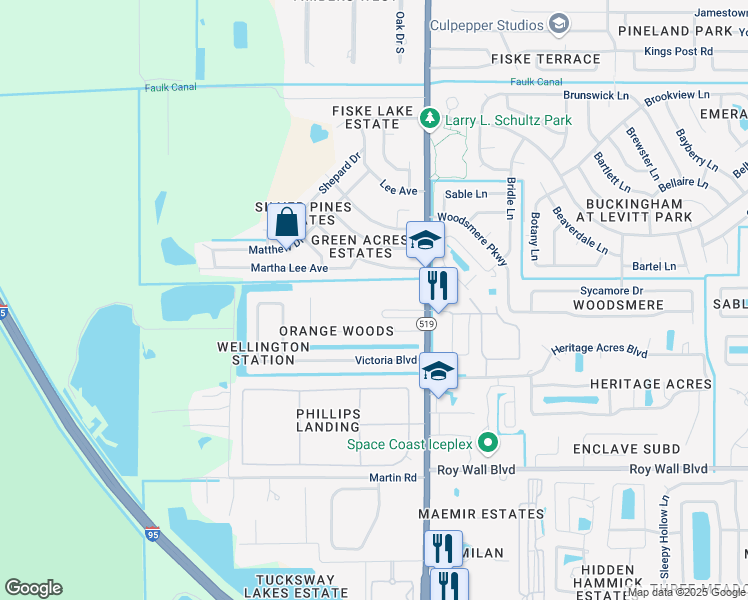 map of restaurants, bars, coffee shops, grocery stores, and more near 3011 South Fiske Boulevard in Rockledge
